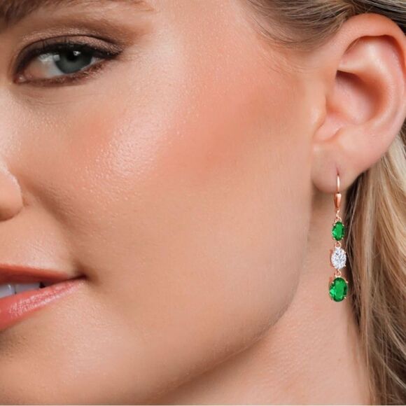 18K Rose Gold with 4.10 Cttw 3 Stone Emerald and White Moissanite Drop Earrings - Picture 3 of 5